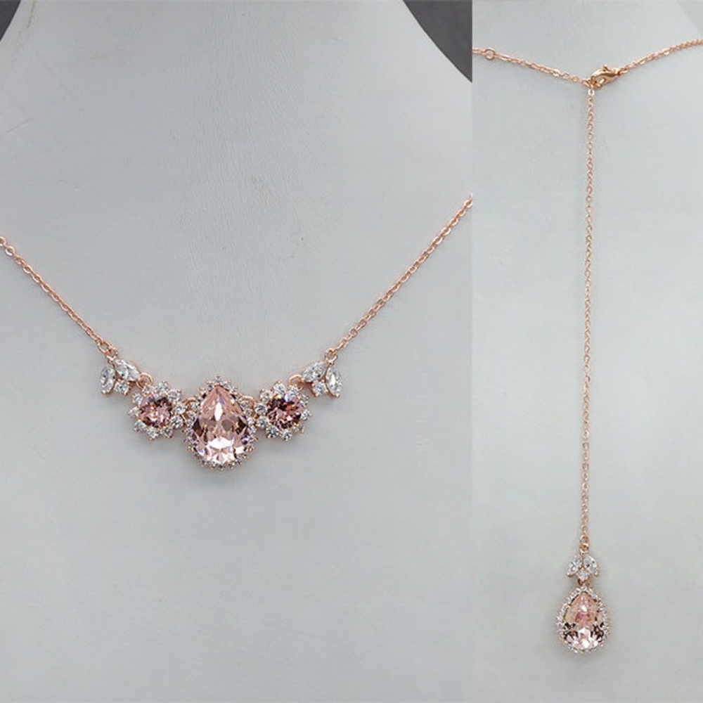Backdrop Bridal/Bridesmaid Necklace, Swarovski Crystal Necklace Rose Gold